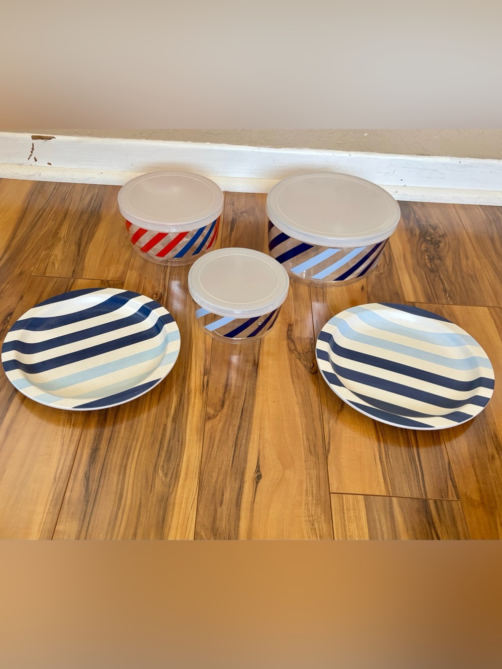 New Room Essentials Blue, Light Blue & Red Striped Plate and Storage Bowl Set